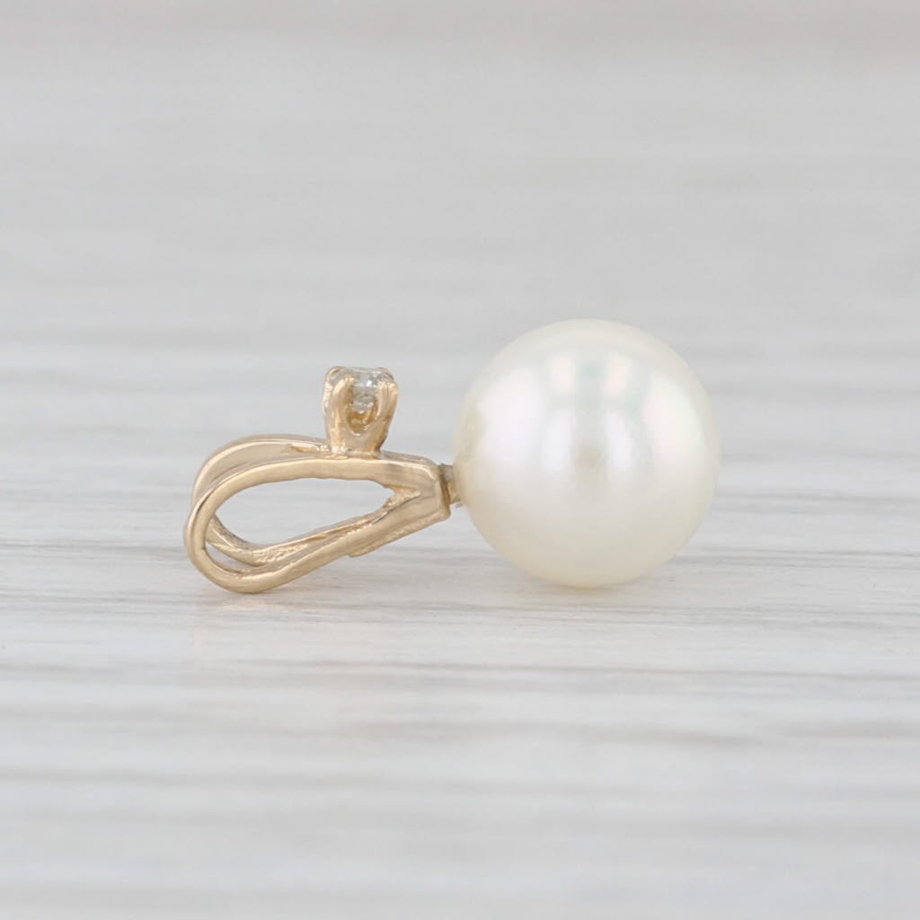 Saltwater Cultured Pearl Diamond Pendant 14k Yellow Gold Small Drop