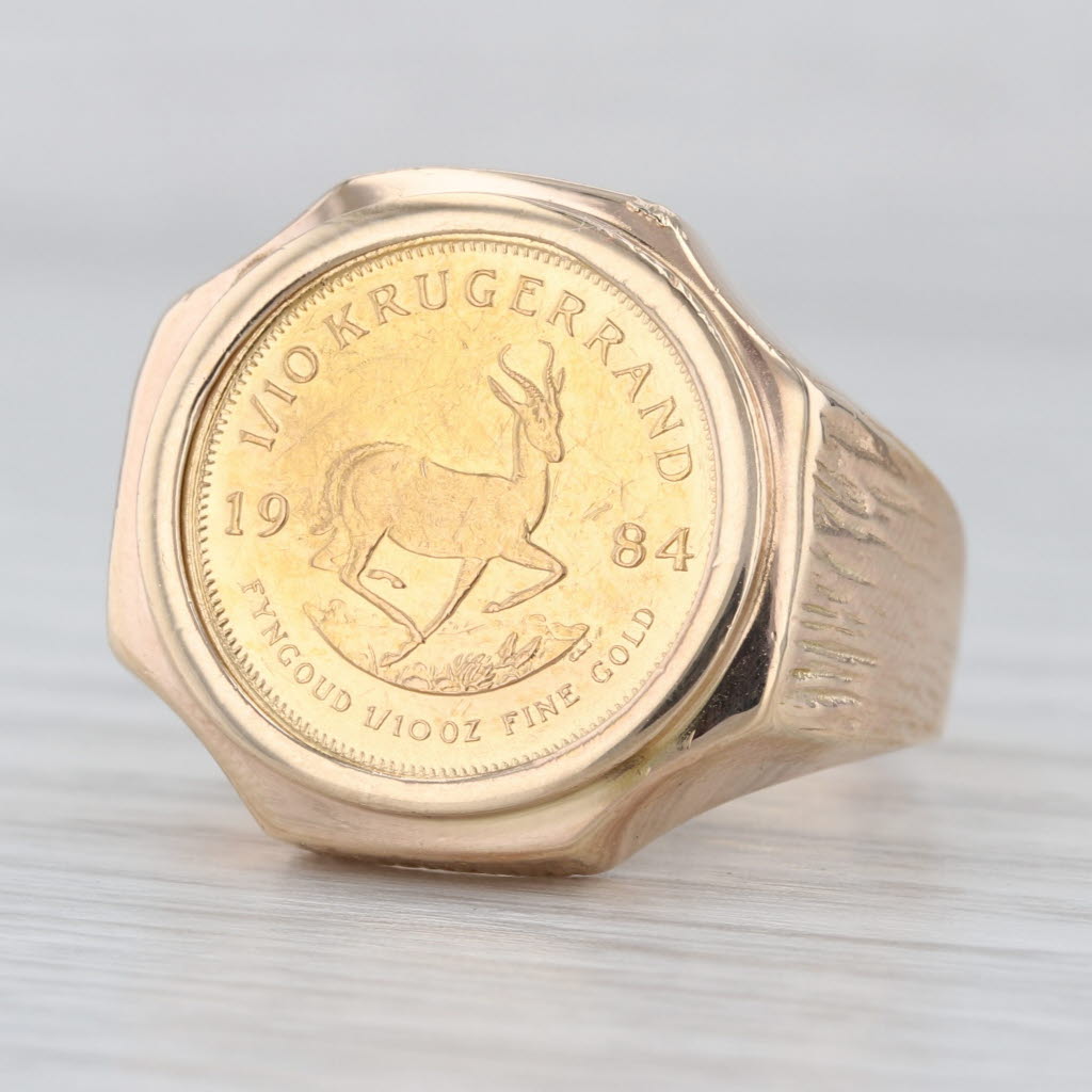 1984 1/10 oz Krugerand South African Coin Ring 14k 22k Yellow Gold Size 10.25