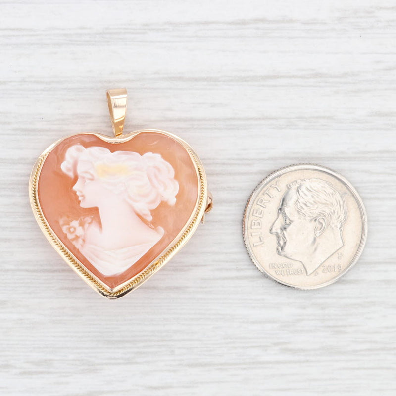 Beige Carved Shell Cameo Heart Brooch Pendant 14k Yellow Gold Italian Figural Pin