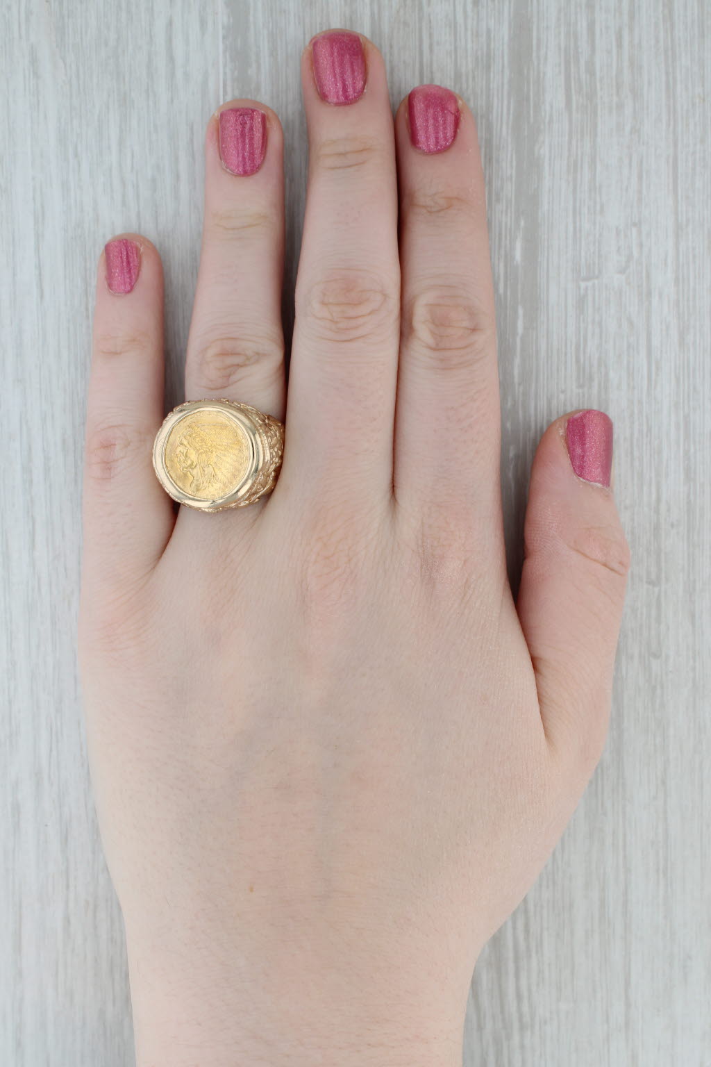 Gray 1913 USD 2.50 Indian Head Coin Ring 14k Nugget Band 900 Gold Size 12.5