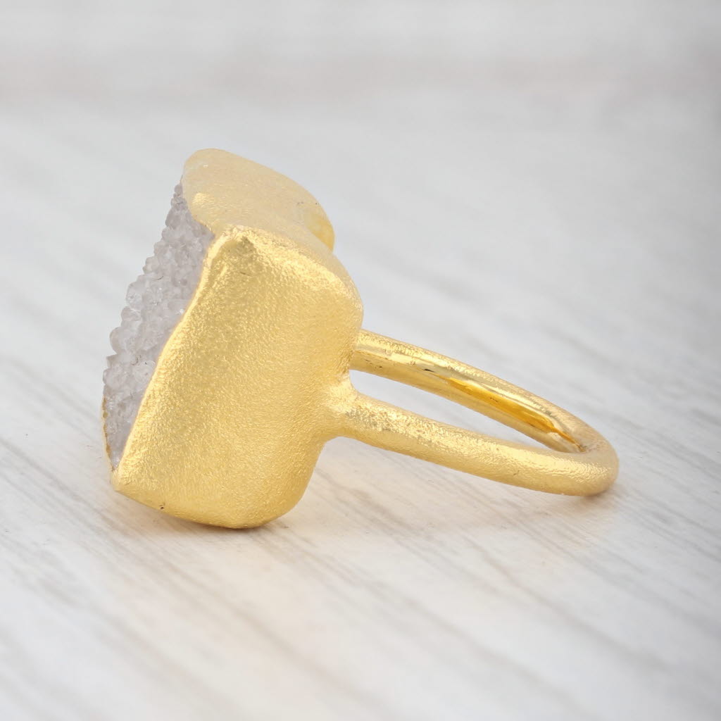 New Nina Wynn White Druzy Quartz Ring Sterling Silver 22k Gold Vermeil Size 6