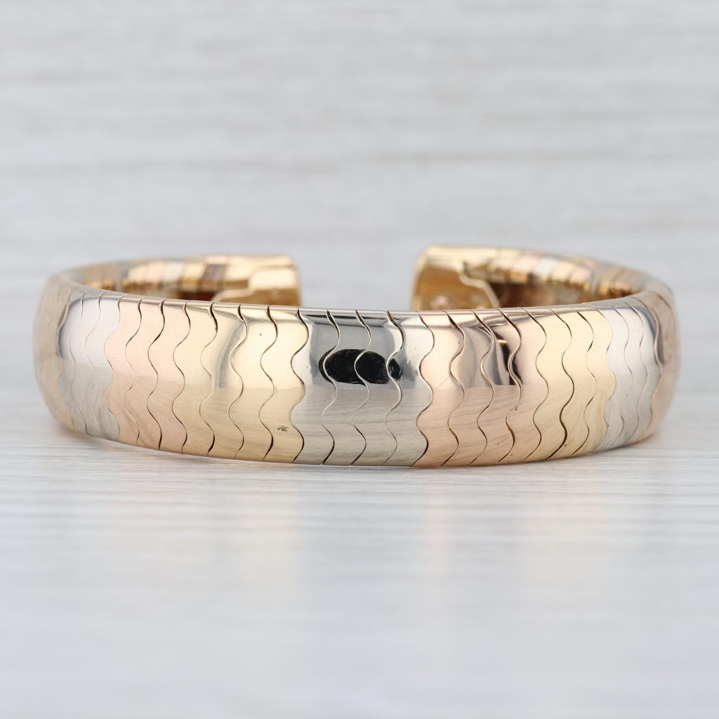 Cartier Tri-Gold Wave Cuff Bracelet 18k White Yellow Rose Gold 6.5" 14.7mm