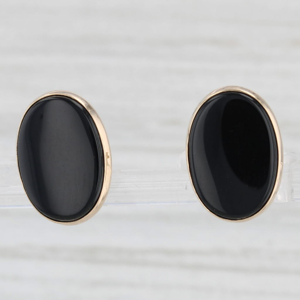 Light Gray Oval Onyx Solitaire Stud Earrings 14k Yellow Gold