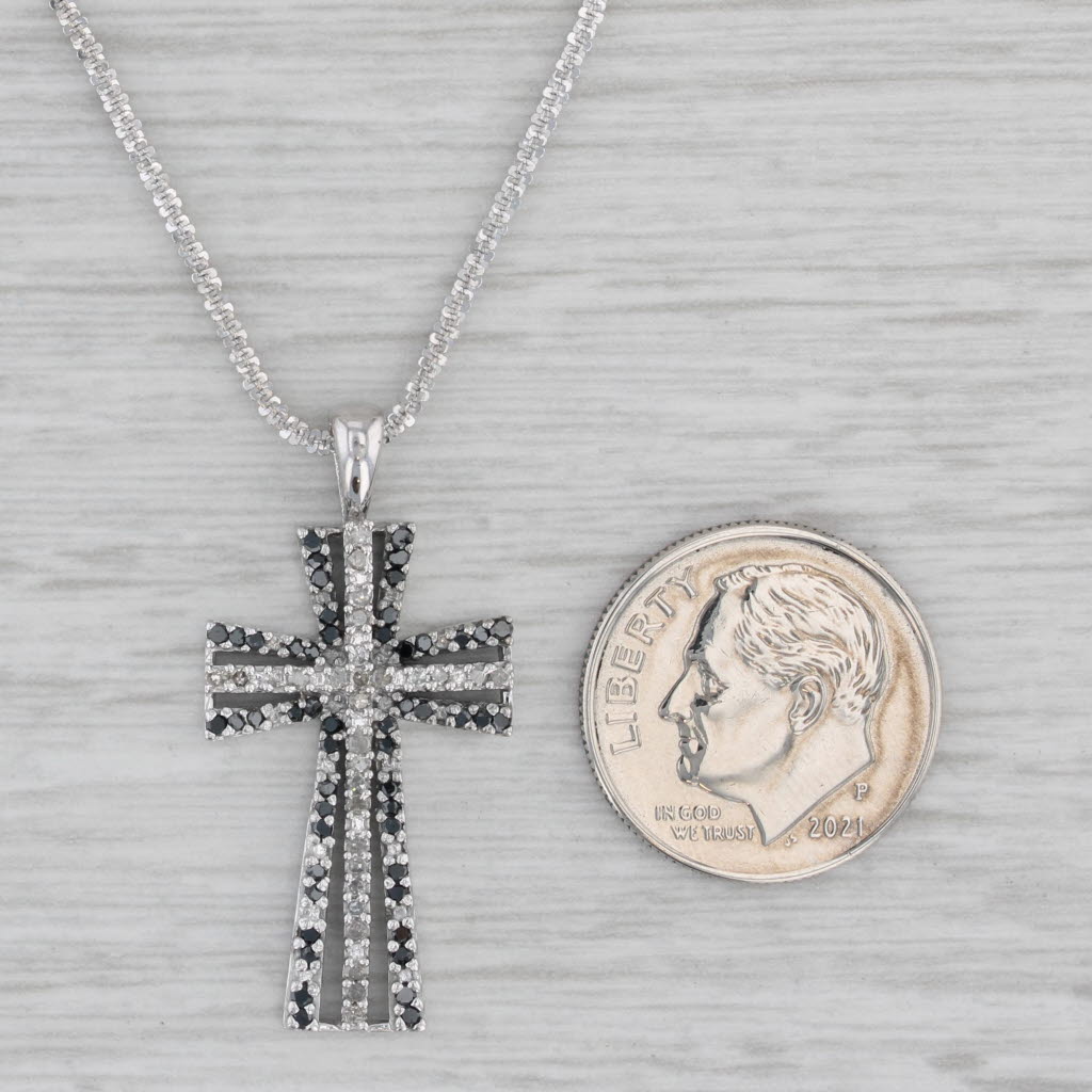 Gray 0.27ctw Black White Diamond Cross Pendant Necklace 10k White Gold 17"-19"