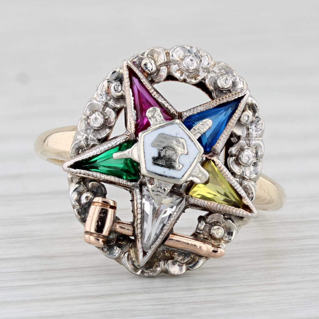 Light Gray Order Eastern Star Ring 10k Gold Past Matron OES Masonic Lab Created Gems