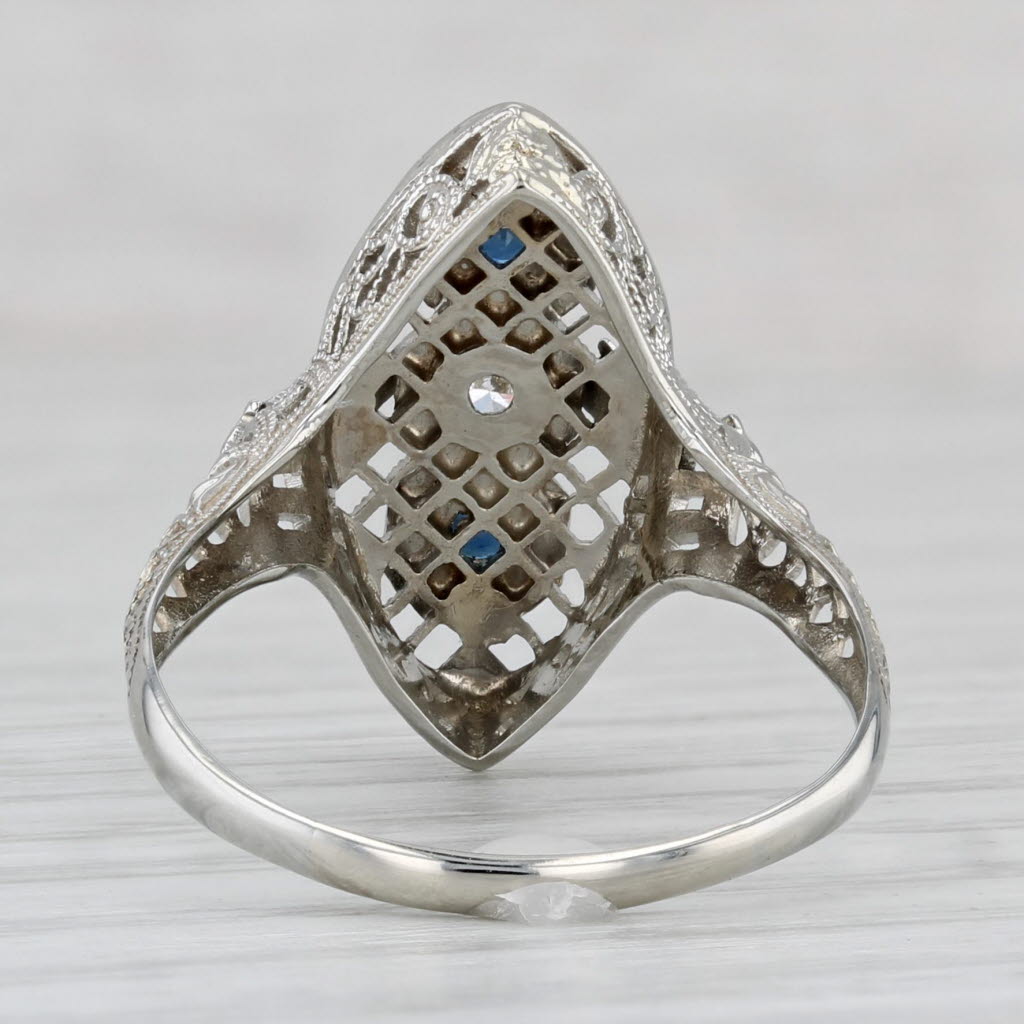 Light Gray Art Deco 0.13ctw Filigree Blue Sapphire Diamond Ring 18k White Gold Size 8