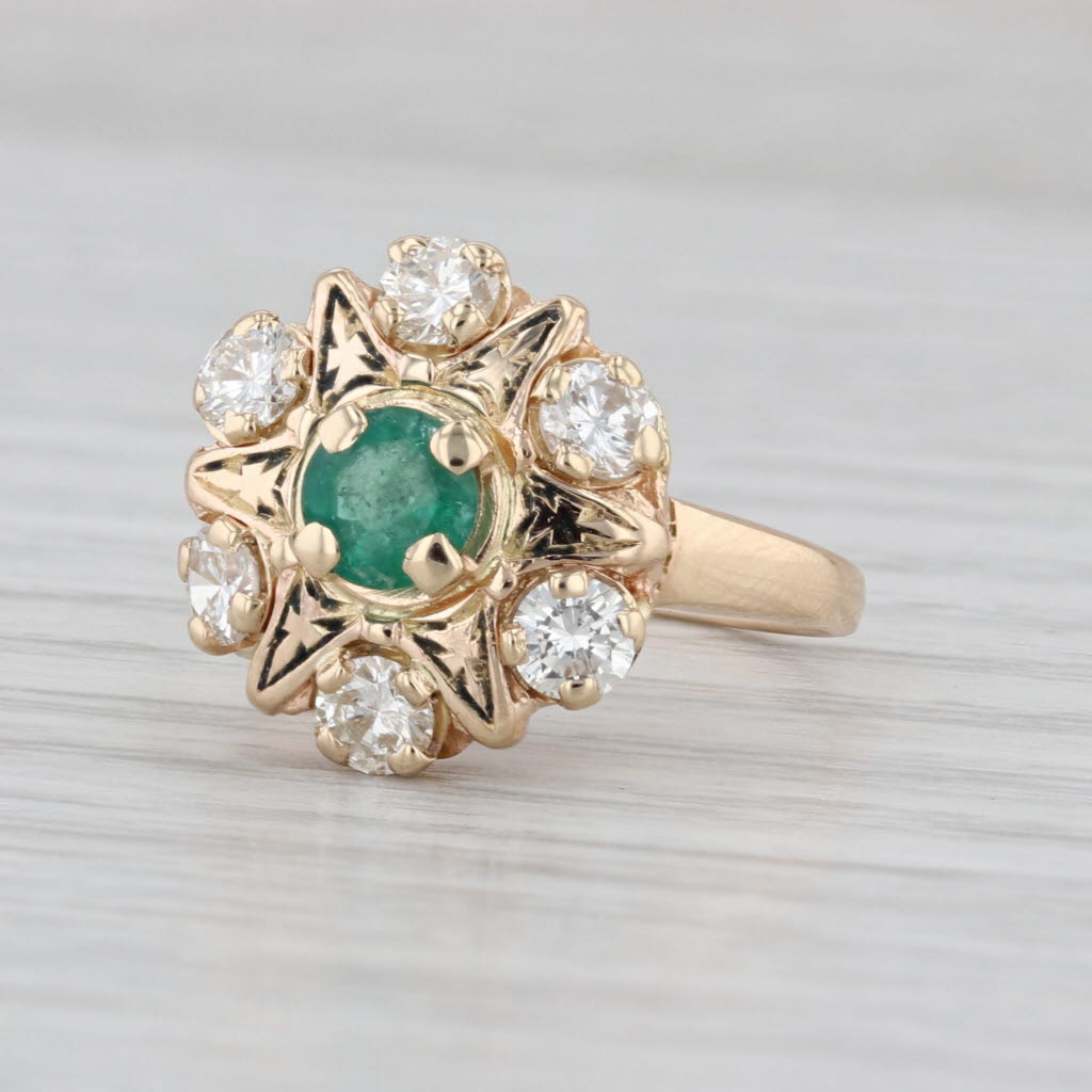 Antique Emerald Diamond Halo Star Ring 14k Yellwo Gold Size 6.25