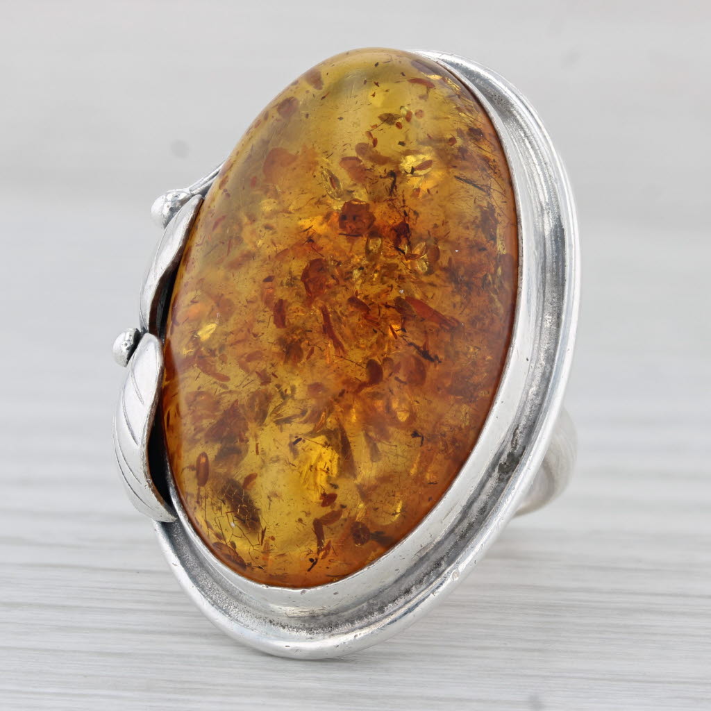 Light Gray Amber Oval Cabochon Statement Ring Sterling Silver Size 7 Handmade