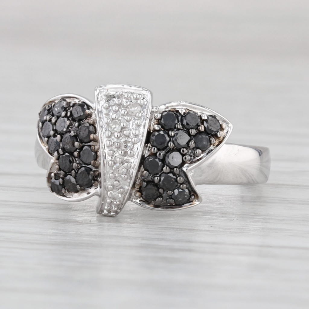 0.48ctw Black White Diamond Butterfly Ring 10k White Gold Size 7-7.25