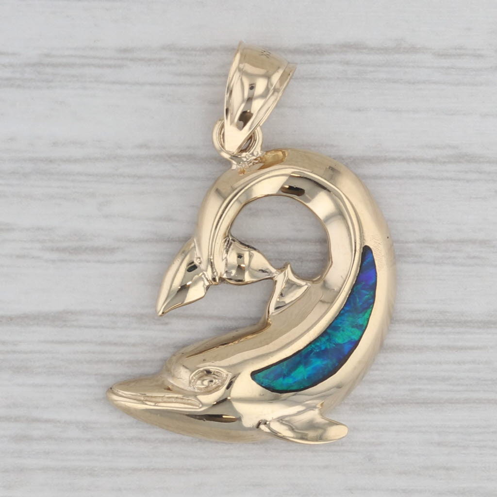 Gray Dolphin Pendant 14k Yellow Gold Lab Created Opal Nautical Jewelry