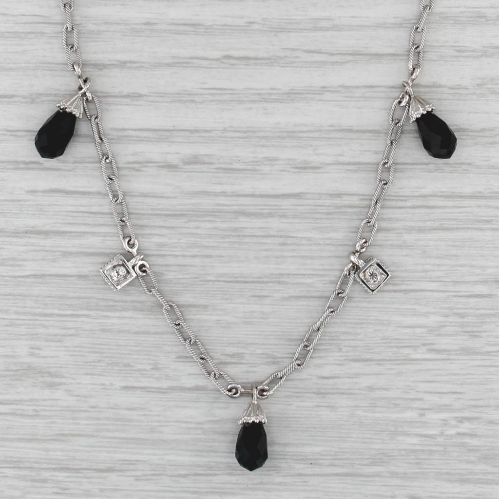 Onyx Diamond Drop Station Necklace 18k White Gold Cable Chain 15.5"
