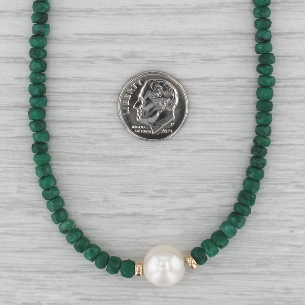 Cultured Pearl Emerald Bead Strand Necklace 14k Gold 18.25"