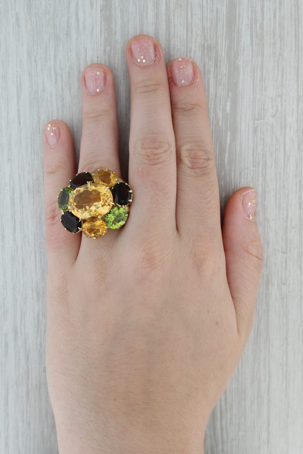 Dark Gray 32.32ctw Large Gemstone Cocktail Cluster Ring 18k Gold Citrine Quartz Peridot