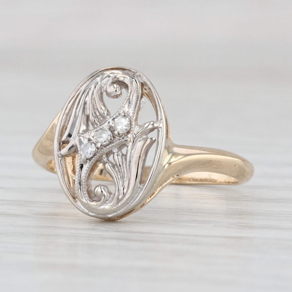 Vintage Ornate Diamond Bypass Ring 14k Yellow White Gold Size 6.5