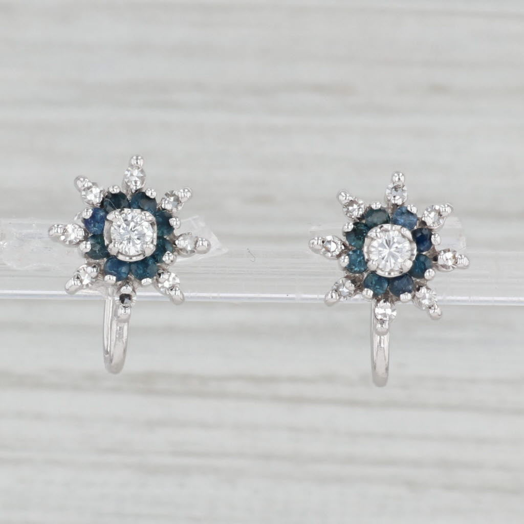 Light Gray 0.85ctw Blue Sapphire Diamond Flower Earrings 14k Gold Screw Back Non Pierced