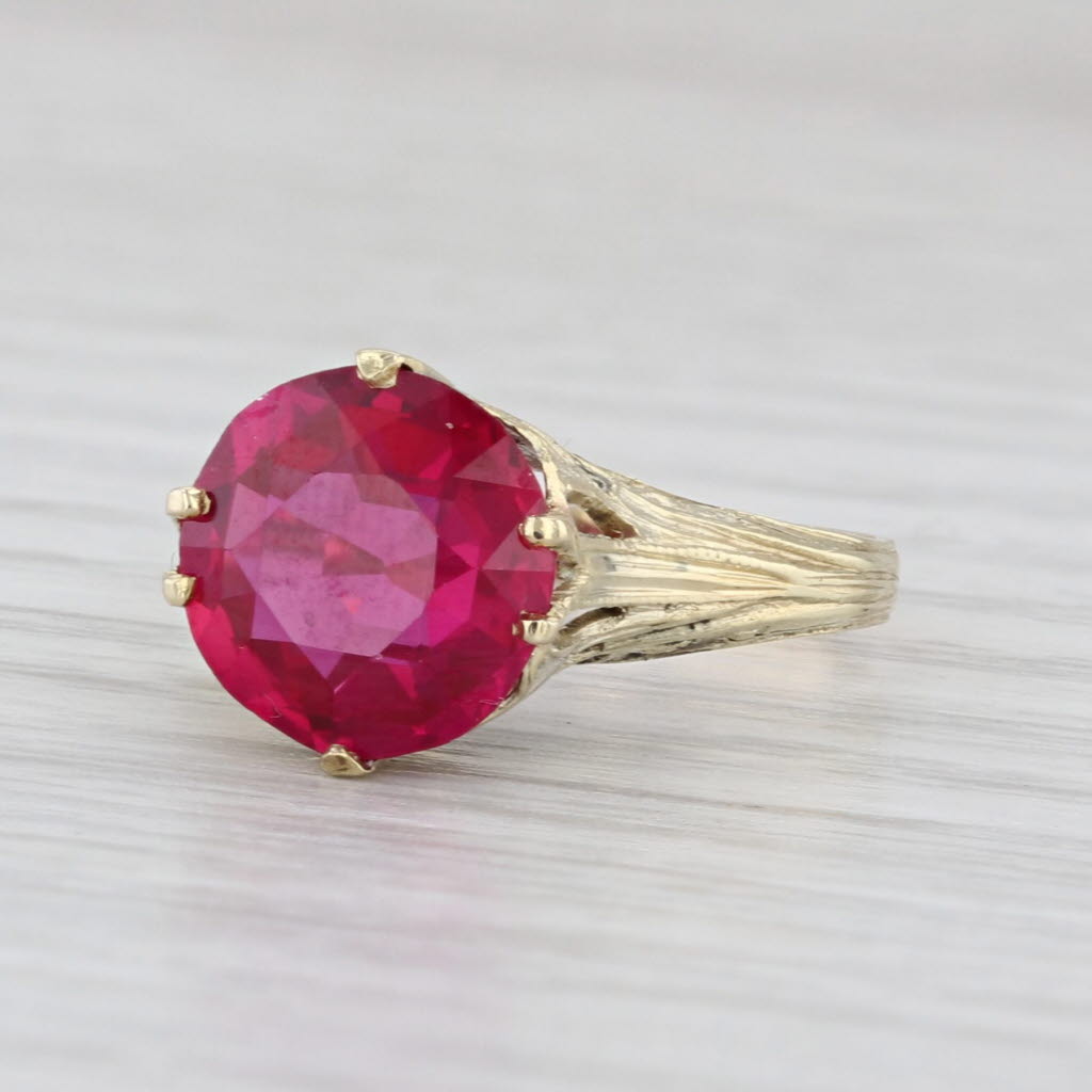 Vintage Lab Created Ruby Filigree Ring 18k Yellow Gold Size 5.5 Round Solitaire