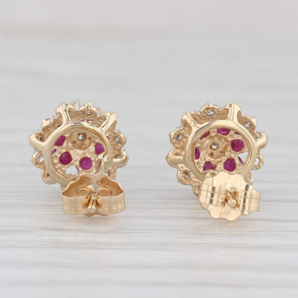 Light Gray 0.84ctw Ruby Diamond Flower Cluster Stud Earrings 14k Yellow Gold