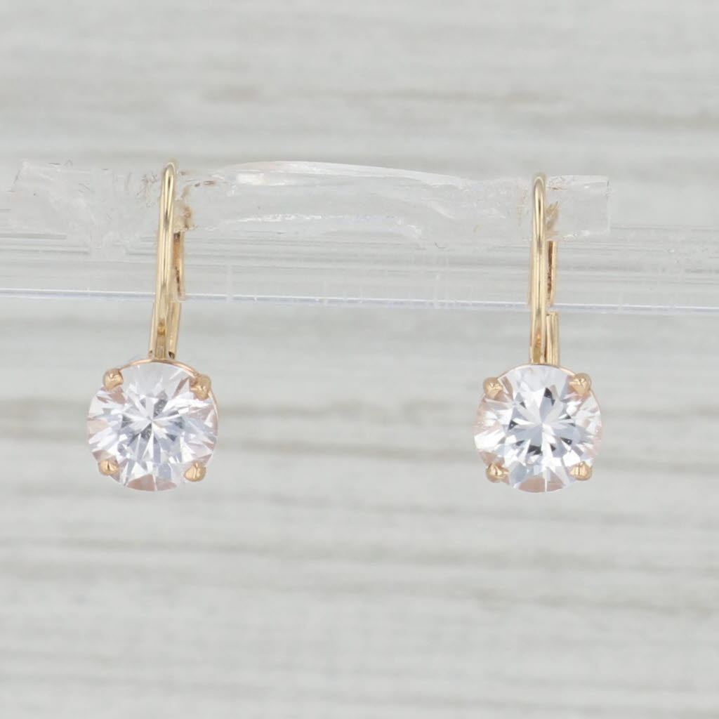 Light Gray 1.60ctw White Sapphire Drop Earrings 14k Yellow Gold Leverback Round Solitaires