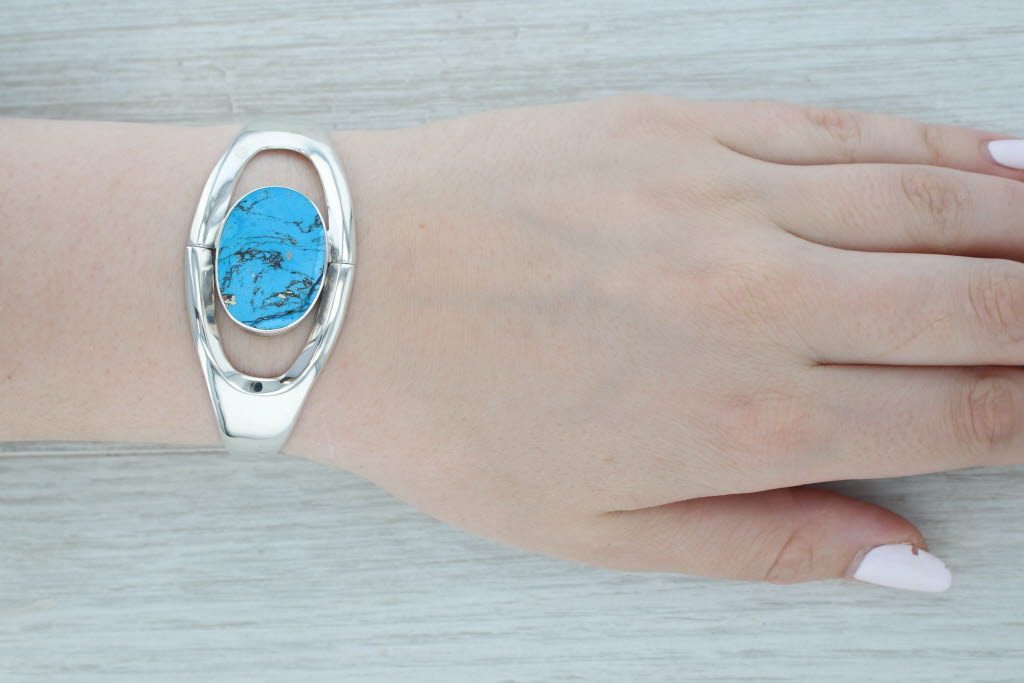 Gray Vintage Blue Resin Hinged Bangle Bracelet Sterling Silver 6.75" Mexico
