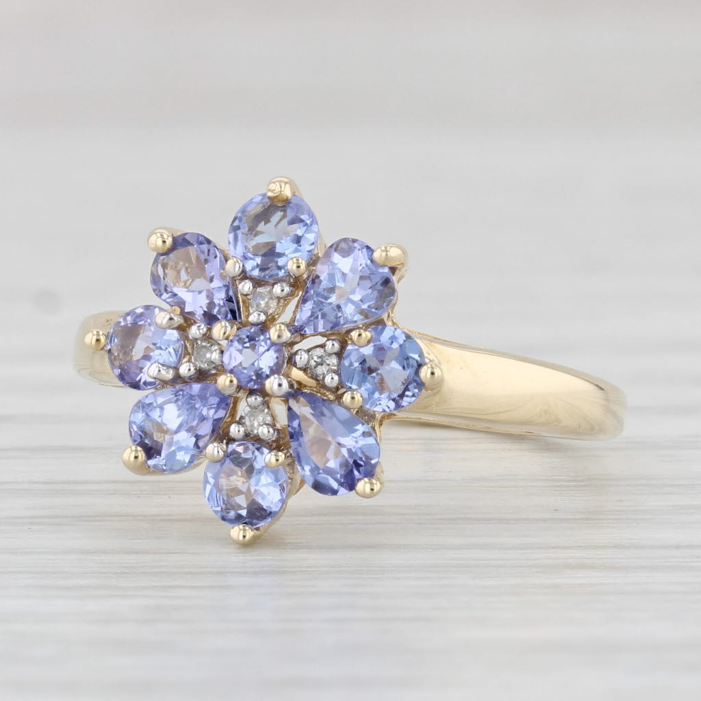 Light Gray 0.82ctw Tanzanite Diamond Flower Cluster Ring 14k Yellow Gold Size 7