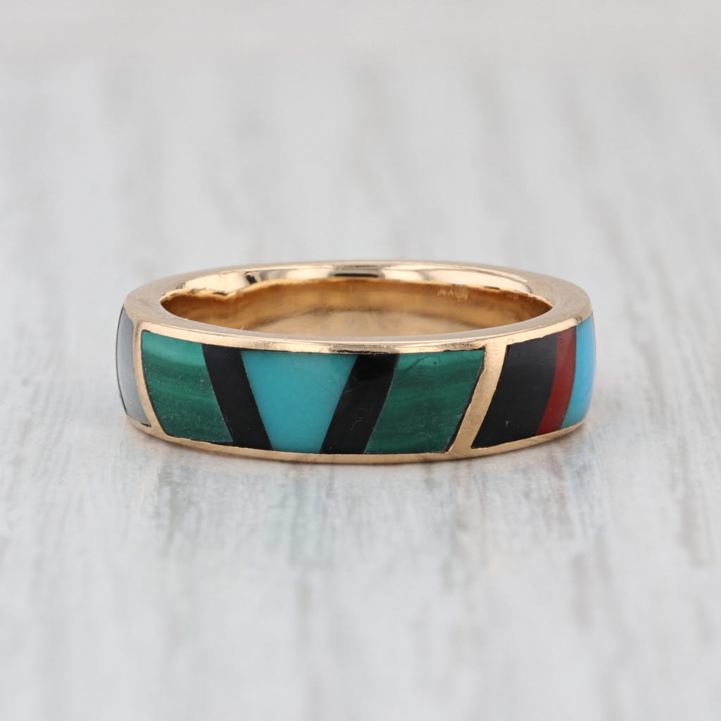 Vintage Native American Stone Mosaic Ring 14k Yellow Gold Size 8 Stackable Band