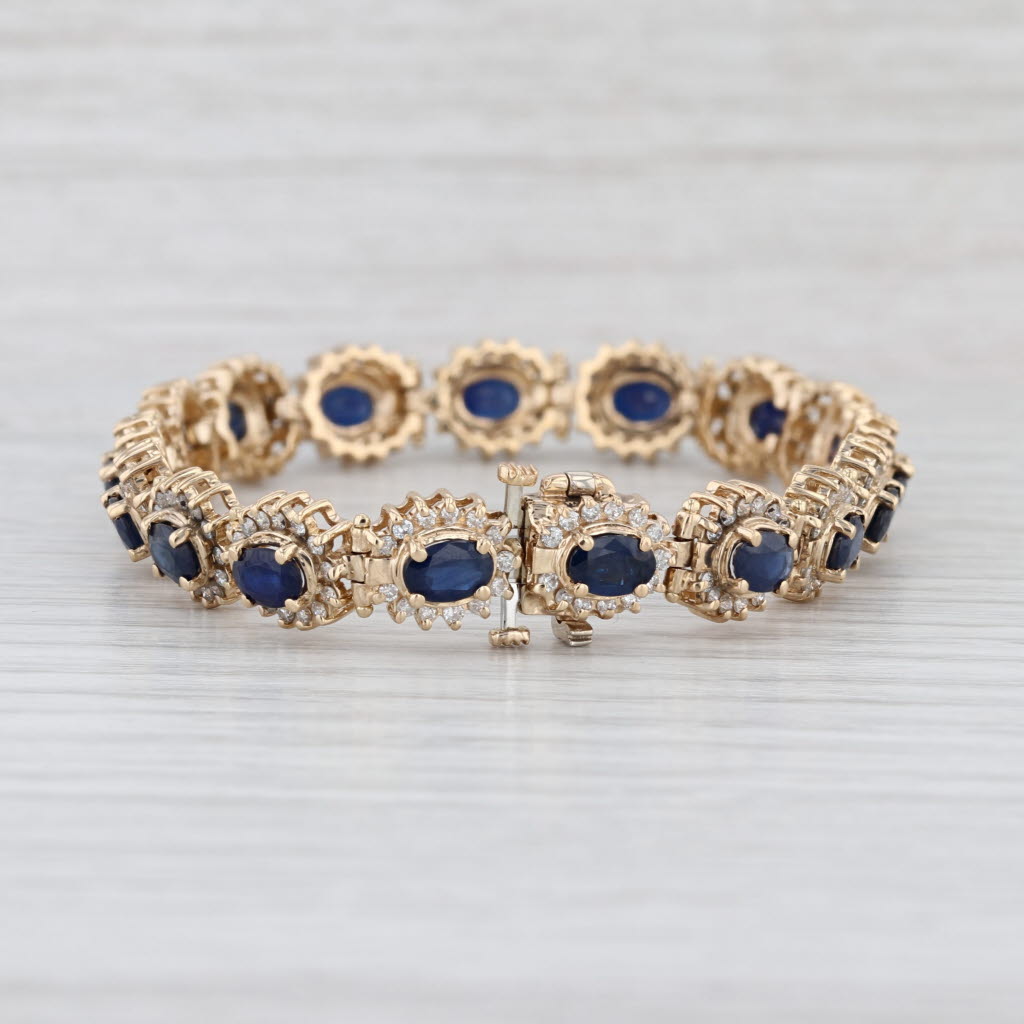 11.54ctw Blue Sapphire Diamond Halo Tennis Bracelet 14k Yellow Gold 7.25"