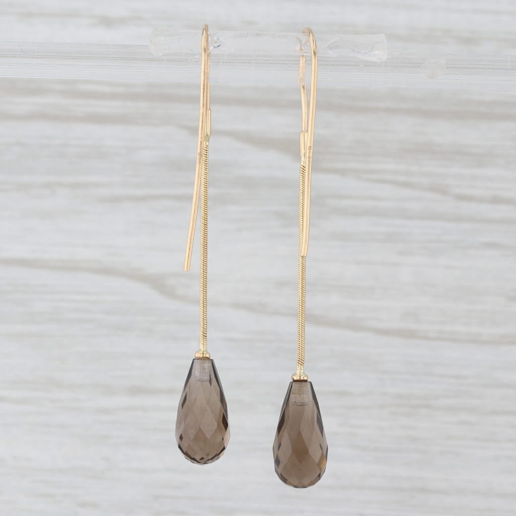 Smokey Quartz Briolette Dangle Teardrop Earrings 14k Yellow Gold Hook Posts