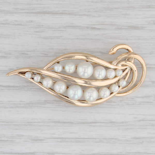 Light Gray Mikimoto Cultured Pearl Leaf Brooch 14k Yellow Gold Pin