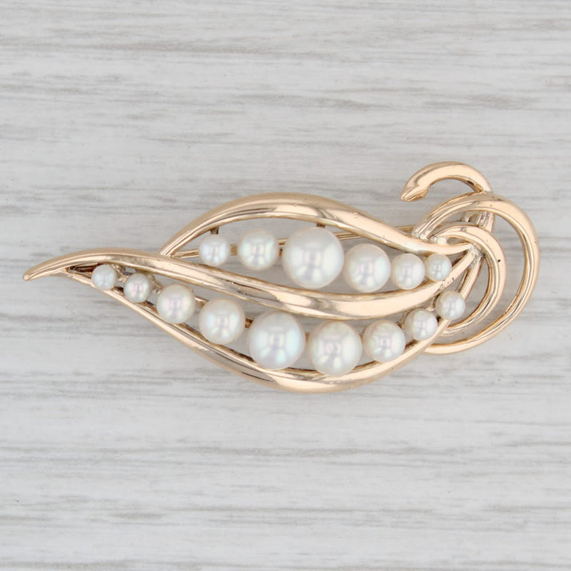 Light Gray Mikimoto Cultured Pearl Leaf Brooch 14k Yellow Gold Pin