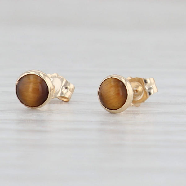 Light Gray New Brown Tiger's Eye Stud Earrings 14k Yellow Gold Round Cabochons
