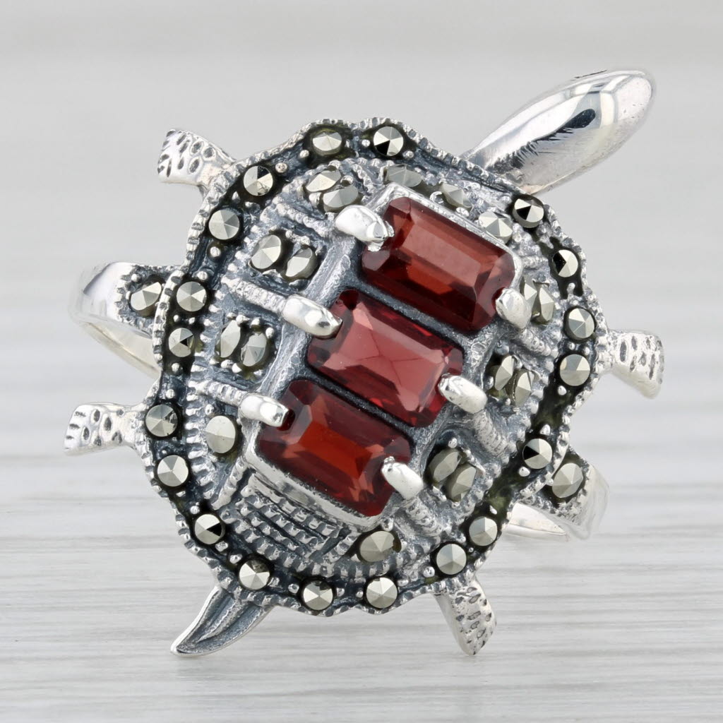 Light Gray 1.20ctw Garnet Marcasite Turtle Ring Sterling Silver Size 9 Head Moves Statement