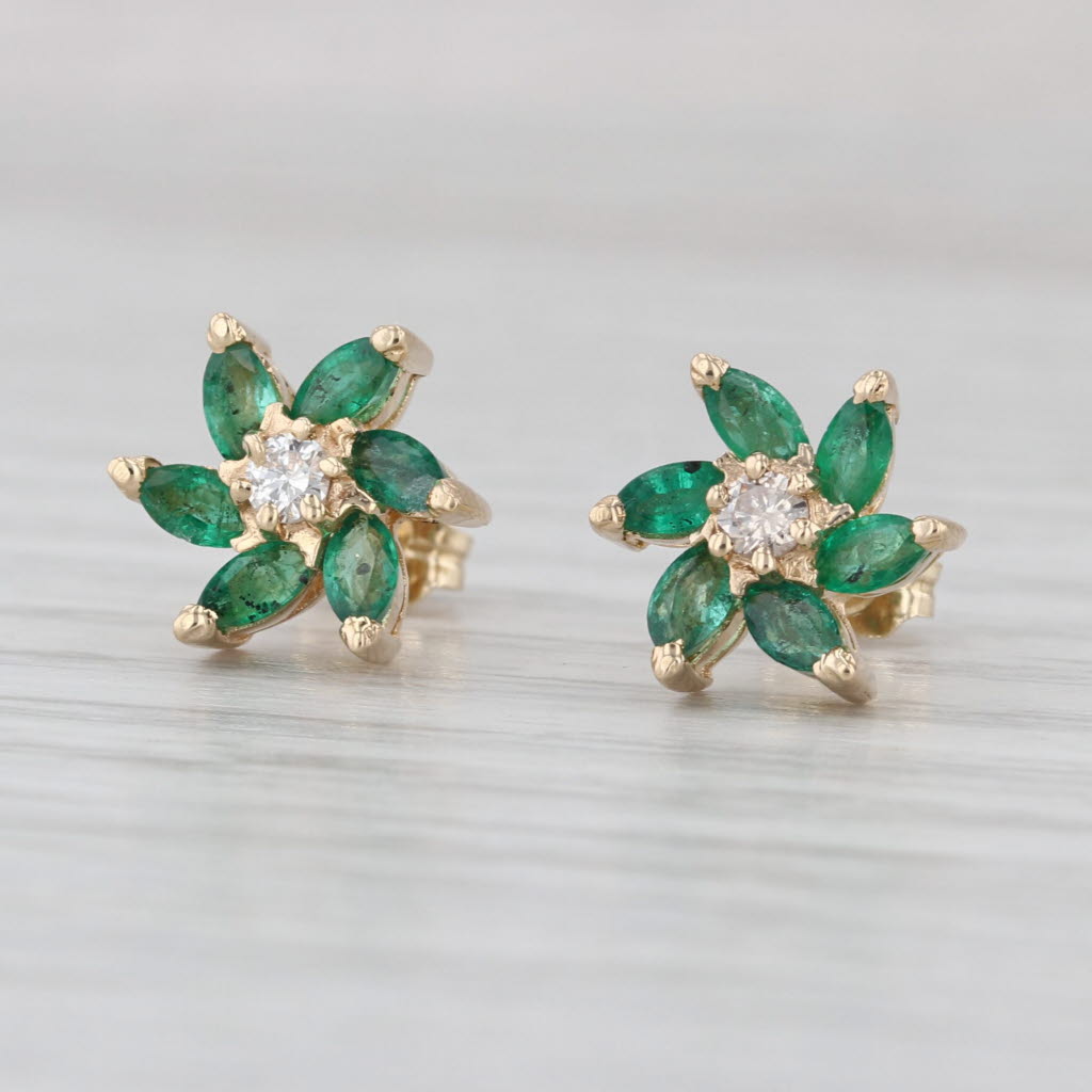 0.79ctw Emerald Diamond Flower Stud Earrings 14k Yellow Gold Studs