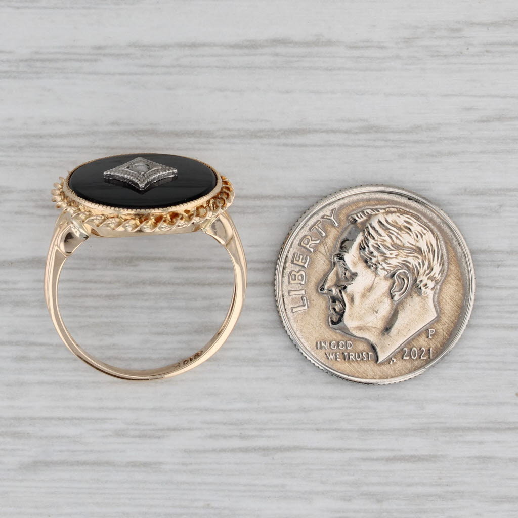 Gray Vintage Onyx Diamond Signet Ring 10k Yellow Gold Size 4.75