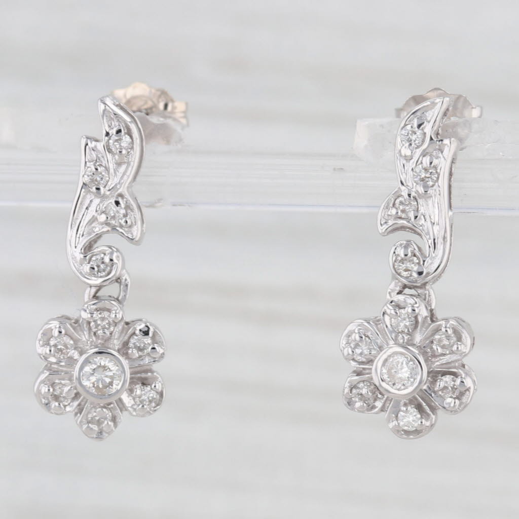 Light Gray 0.30ctw Diamond Flower Dangle Earrings 14k White Gold Pierced Drops