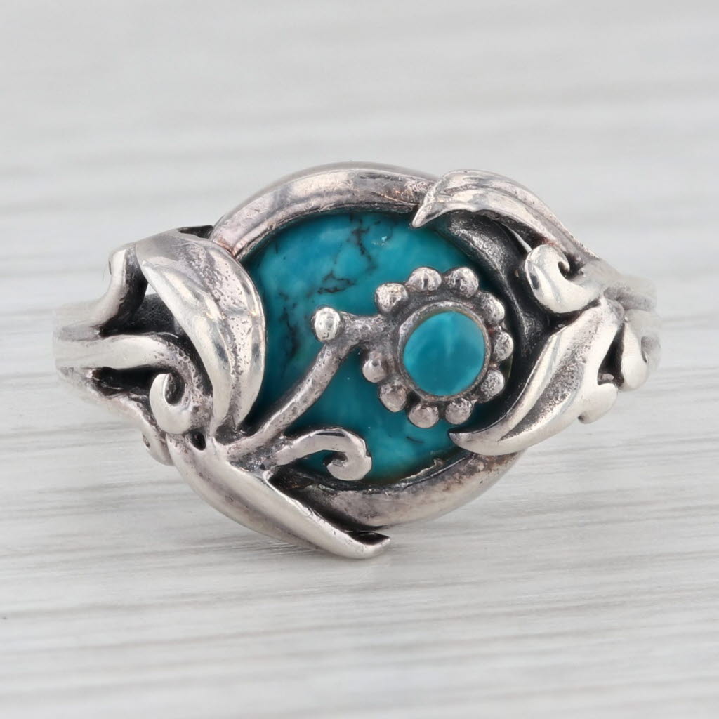 Light Gray Turquoise Flower Ring Sterling Silver Size 6 Vintage Ornate Floral