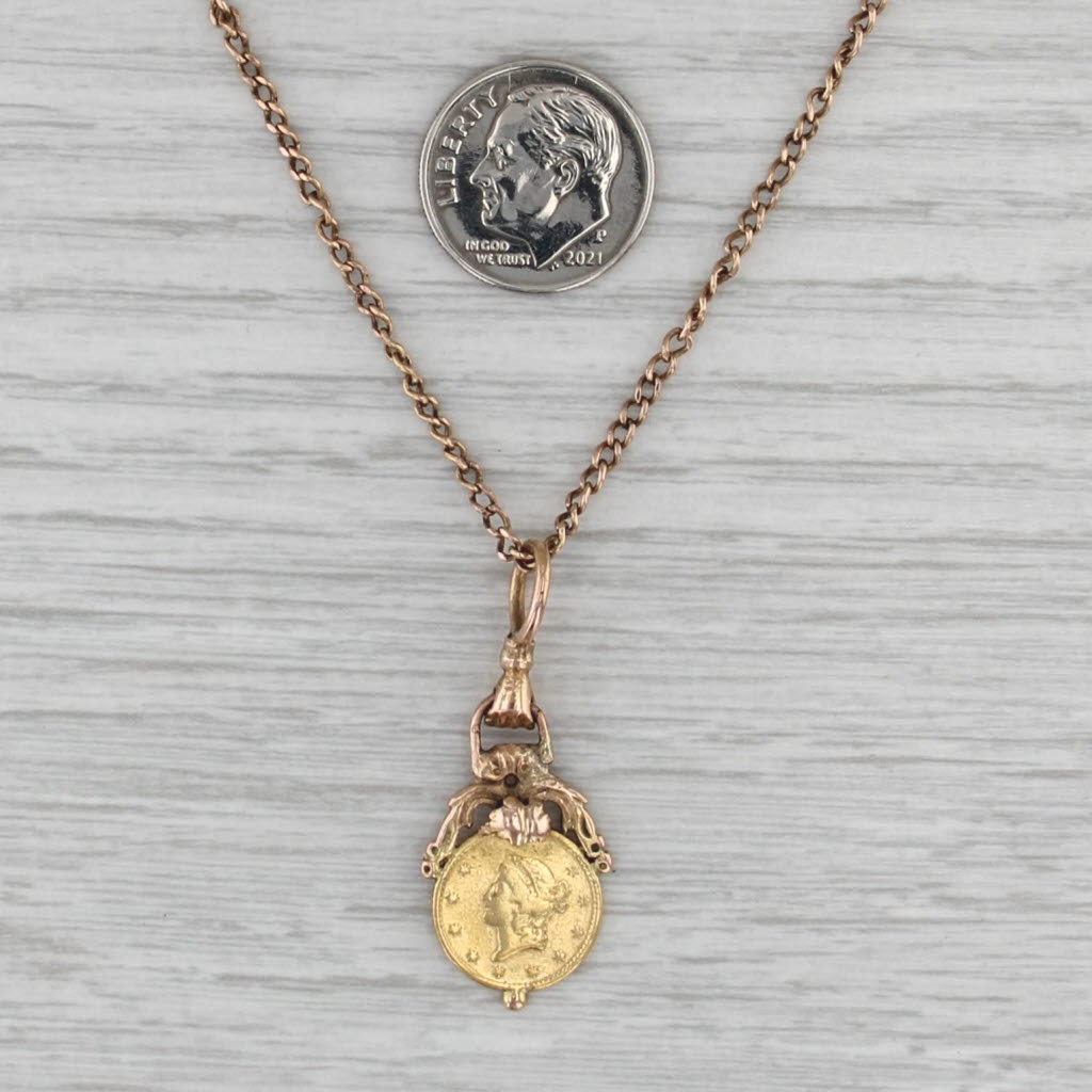 Antique 1849 1 Dollar Liberty Head 22k Gold Coin Pendant Necklace 10-12k Chain