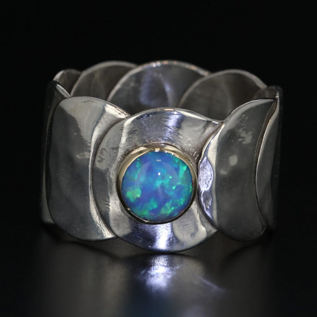 Black Lab Created Blue Opal Statement Ring Sterling Silver 14k Gold Artisan Signed