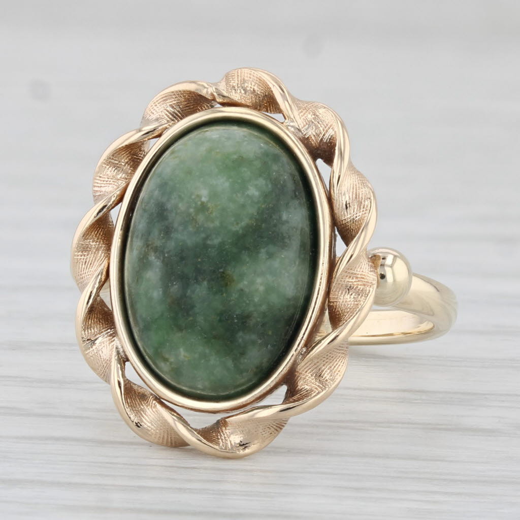 Light Gray Green Nephrite Jade Ring 14k Yellow Gold Oval Cabochon Solitaire Size 5.75