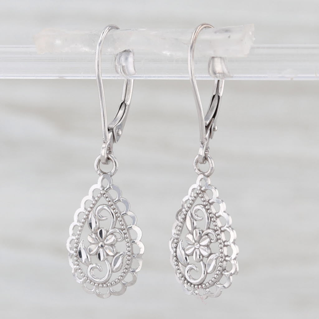 Ornate Floral Openwork Teardrop Dangle Earrings 10k White Gold Lever Backs