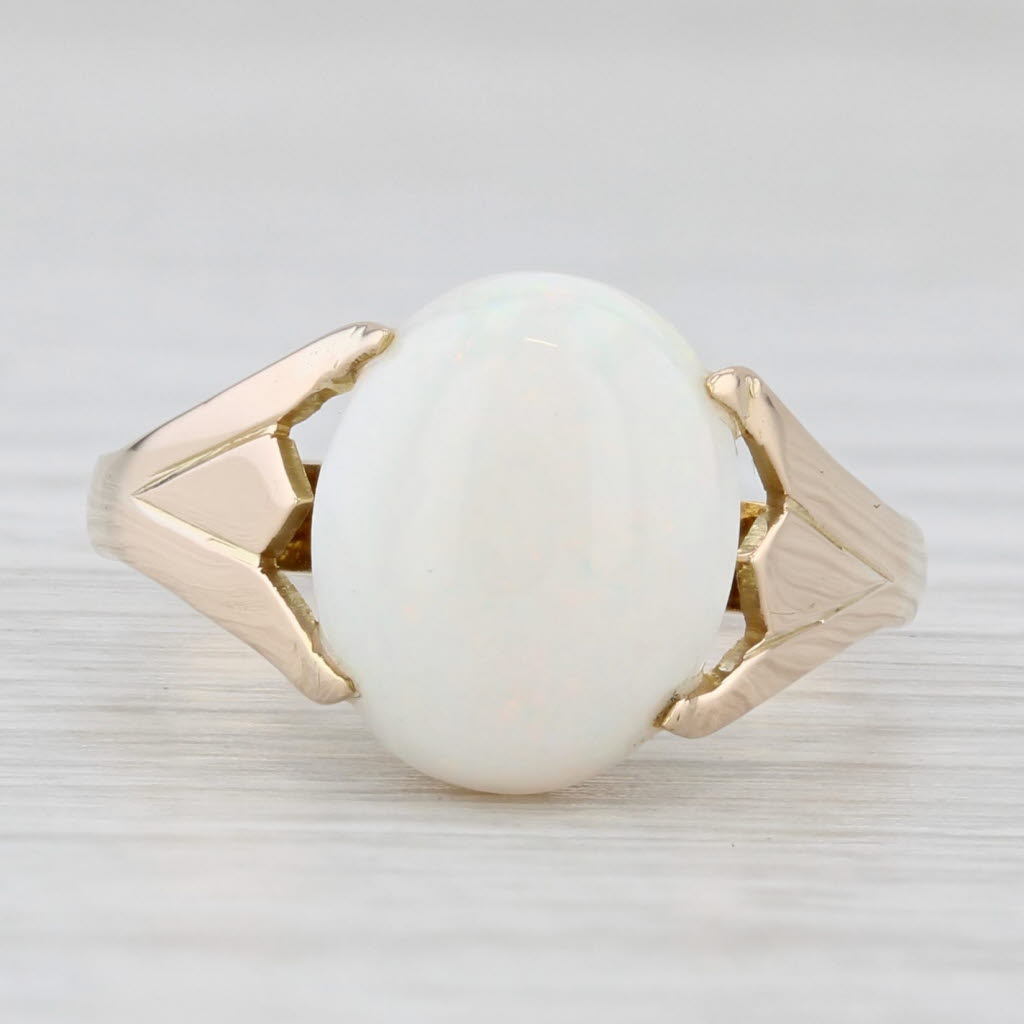 Light Gray Vintage Oval Cabochon Opal Solitaire Ring 14k Yellow Gold Size 5.75