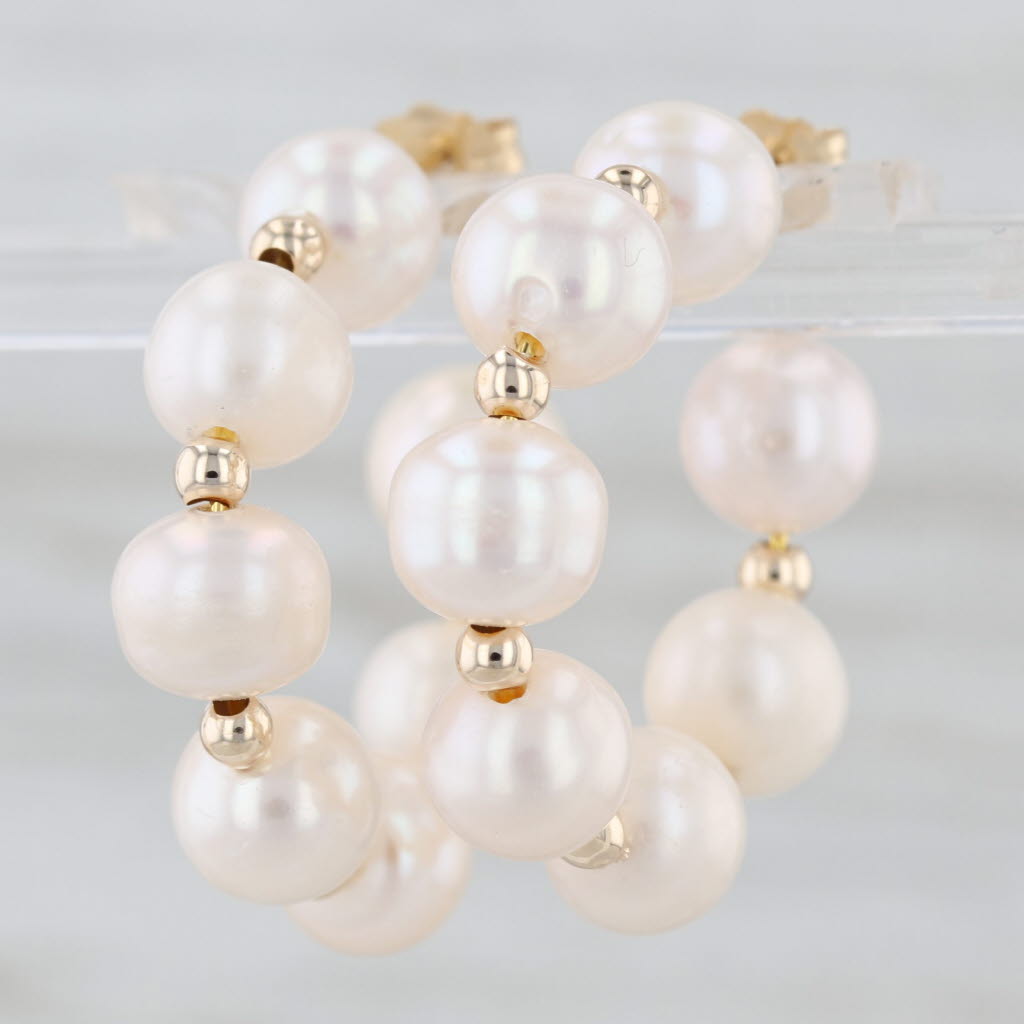Cultured Pearl Hoop Earrings 14k Yellow Gold Round Bead Studs