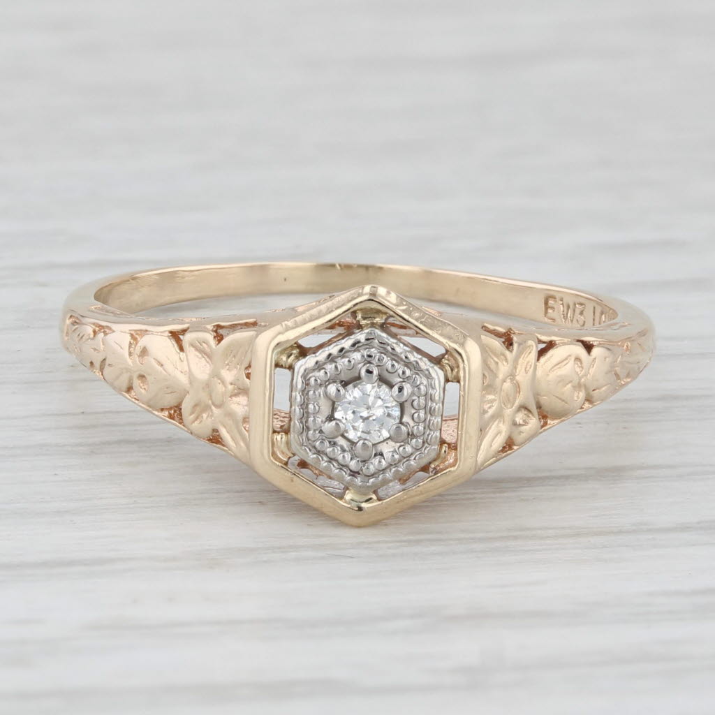 Light Gray Vintage Diamond Solitaire Floral Ring 10k Gold Size 8.5 Engagement Style