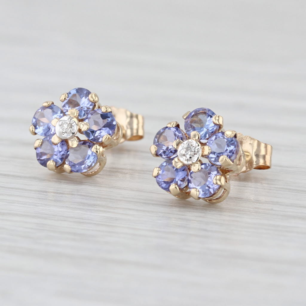 1.20ctw Tanzanite Flower Stud Earrings 14k Yellow Gold Floral Studs