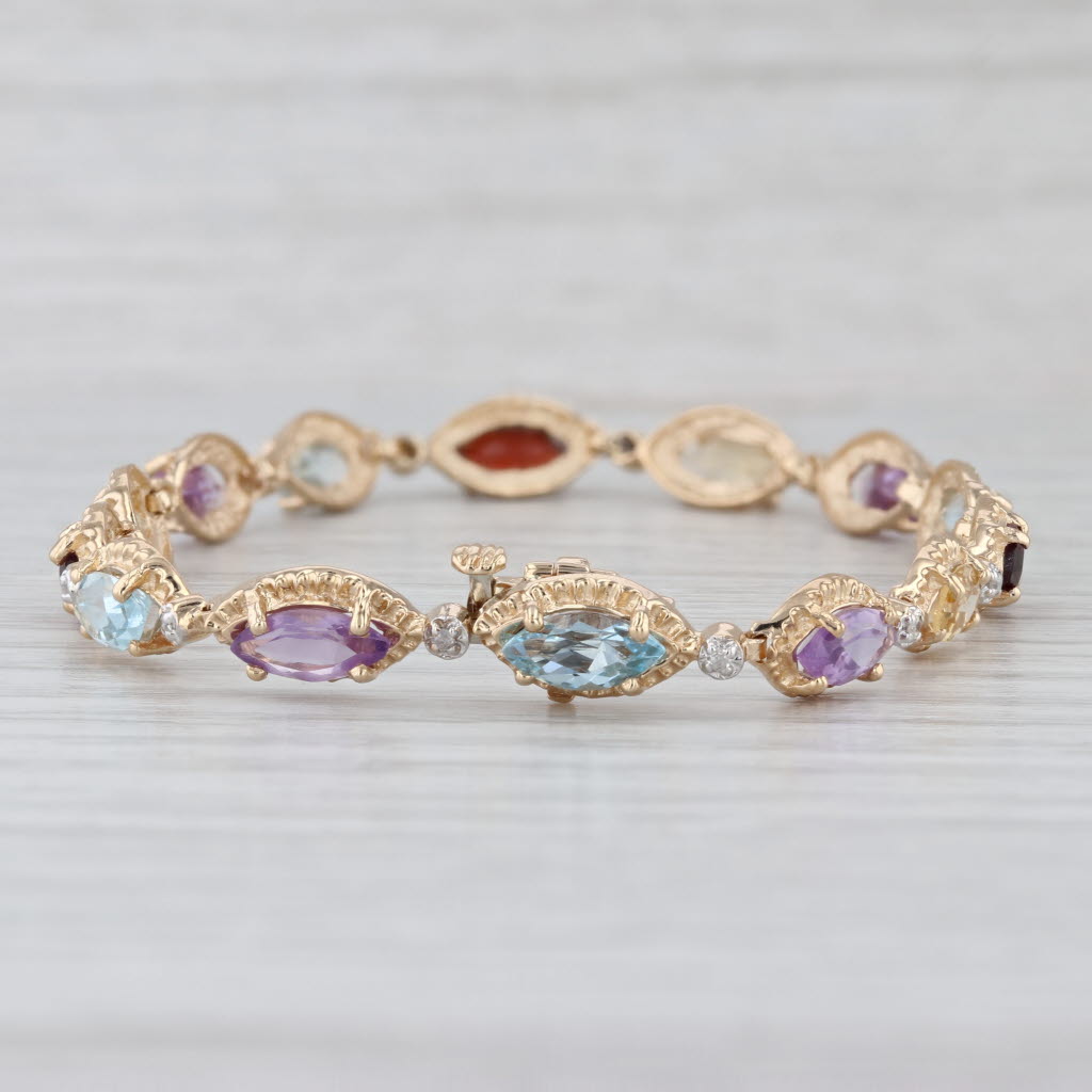 7.96ctw Gemstone Tennis Bracelet 14k Gold Topaz Amethyst Citrine Garnet Diamond