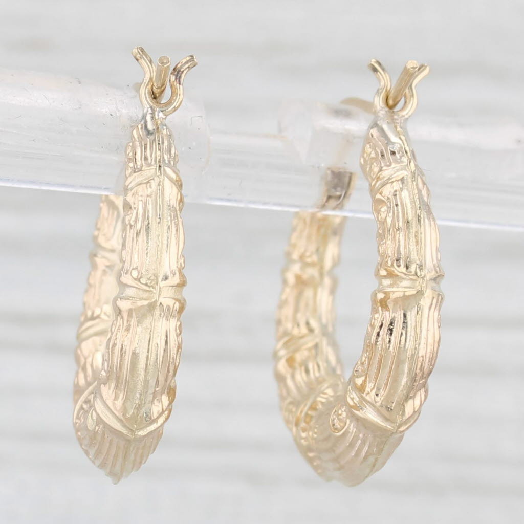 Light Gray Ornate Bamboo Etched Hoop Earrings 10k Yellow Gold Snap Top Round Hoops