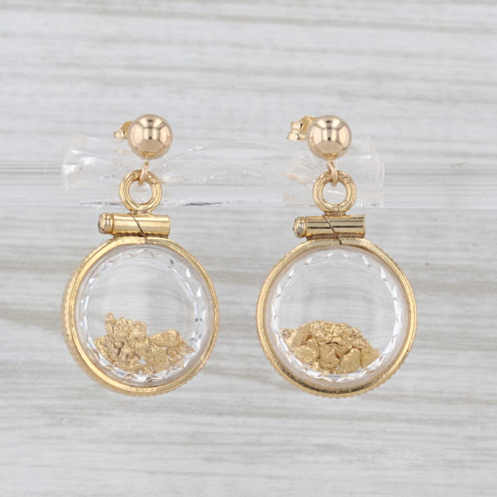 Gold Nuggets in Glass Dangle Earrings 14k 20k Yellow Gold Pierced Drops