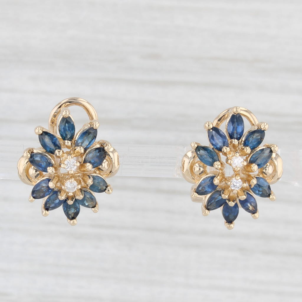 Light Gray 1.25ctw Blue Sapphire Diamond Flower Stud Earrings 14k Yellow Gold Omega Backs