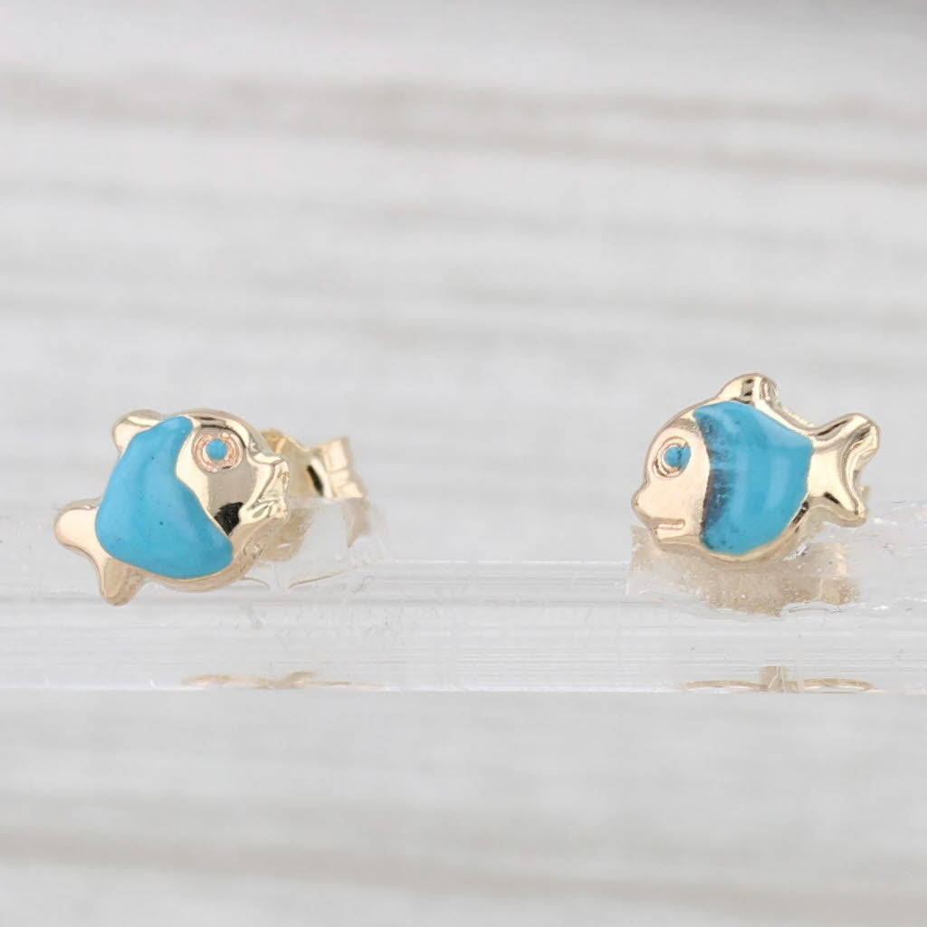 Light Gray Small Fish Stud Earrings 14k Yellow Gold Enamel