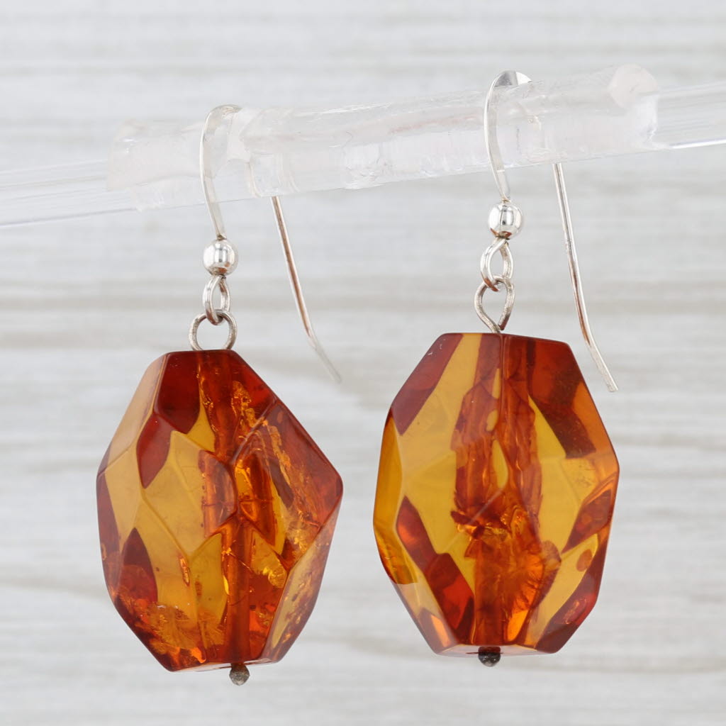Vintage Sun Spangled Amber Dangle Earrings Sterling Silver Large Faceted Beads