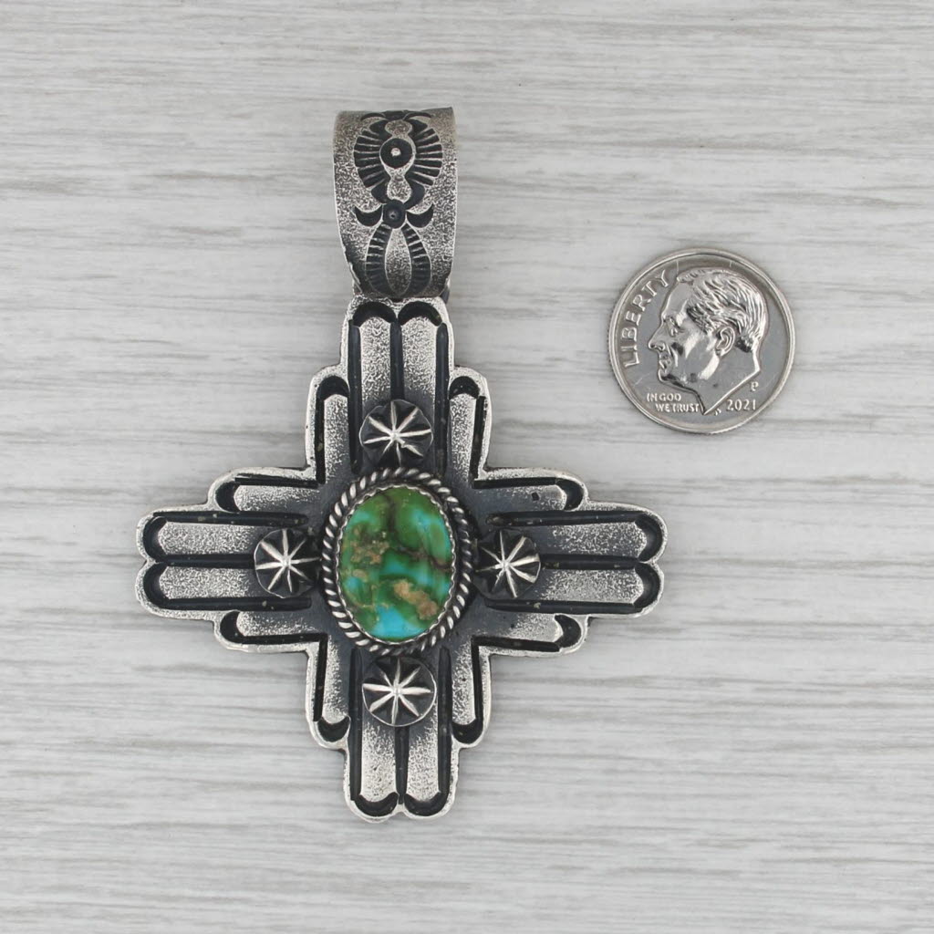 Kevin Billah Native American Turquoise Cross Pendant Sterling Silver Vintage